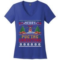 Merry Pugging Christmas Santa Claus Pug Dog Xmas Tree Lights Gift Women's V-Neck T-Shirt