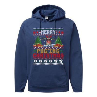 Merry Pugging Christmas Santa Claus Pug Dog Xmas Tree Lights Gift Performance Fleece Hoodie