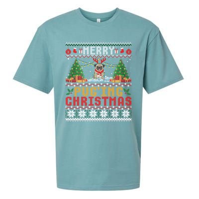 Merry Pugging Christmas Santa Claus Pug Dog Xmas Tree Lights Gift Sueded Cloud Jersey T-Shirt