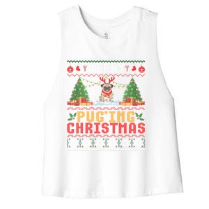 Merry Pugging Christmas Santa Claus Pug Dog Xmas Tree Lights Gift Women's Racerback Cropped Tank