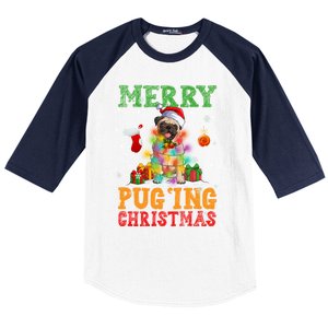 Merry Pugging Christmas Santa Claus Pug Dog Xmas Tree Lights Gift Baseball Sleeve Shirt