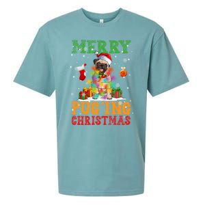 Merry Pugging Christmas Santa Claus Pug Dog Xmas Tree Lights Gift Sueded Cloud Jersey T-Shirt