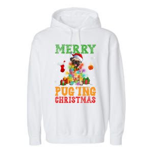 Merry Pugging Christmas Santa Claus Pug Dog Xmas Tree Lights Gift Garment-Dyed Fleece Hoodie