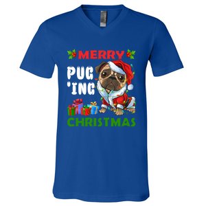 Merry PugIng Christmas Santa Pug Dog Christmas Tree Lights Gift V-Neck T-Shirt