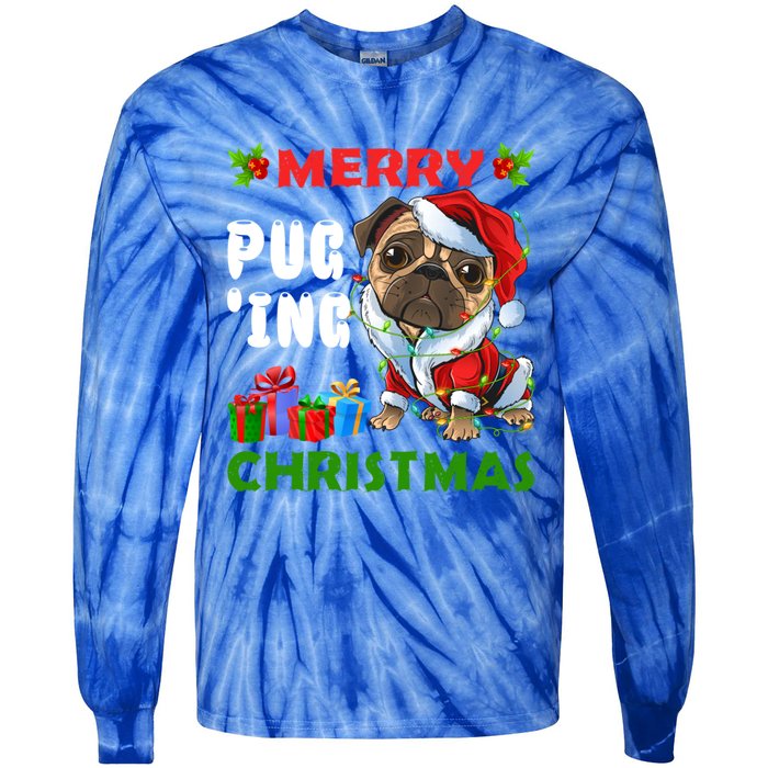 Merry PugIng Christmas Santa Pug Dog Christmas Tree Lights Gift Tie-Dye Long Sleeve Shirt