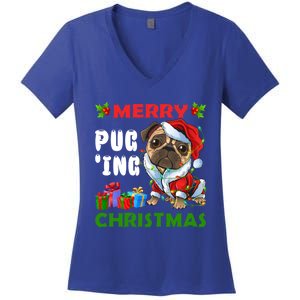 Merry PugIng Christmas Santa Pug Dog Christmas Tree Lights Gift Women's V-Neck T-Shirt