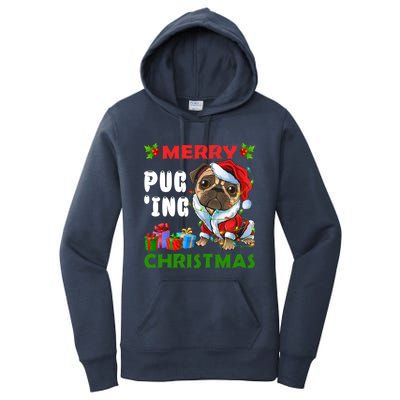 Merry PugIng Christmas Santa Pug Dog Christmas Tree Lights Gift Women's Pullover Hoodie