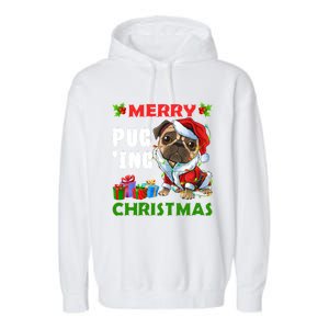 Merry PugIng Christmas Santa Pug Dog Christmas Tree Lights Gift Garment-Dyed Fleece Hoodie