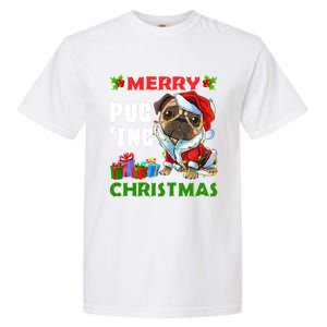 Merry PugIng Christmas Santa Pug Dog Christmas Tree Lights Gift Garment-Dyed Heavyweight T-Shirt