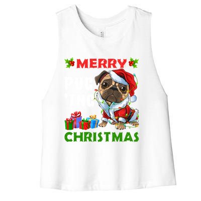 Merry PugIng Christmas Santa Pug Dog Christmas Tree Lights Gift Women's Racerback Cropped Tank