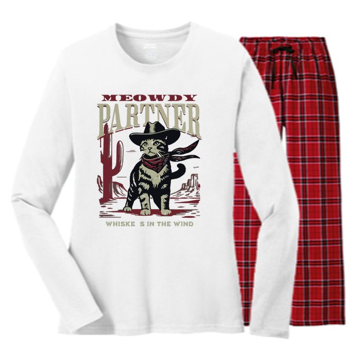 Meowdy Partner Cowboy Cat Vintage Cowboy Women's Long Sleeve Flannel Pajama Set 