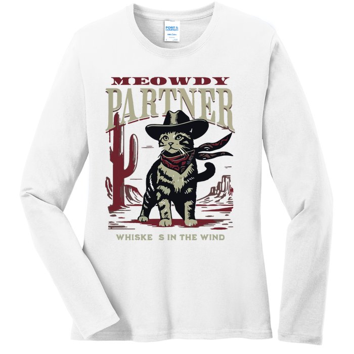 Meowdy Partner Cowboy Cat Vintage Cowboy Ladies Long Sleeve Shirt