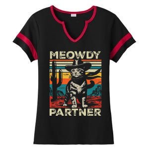 Meowdy Partner Cat Cow Hat Howdy Funny Country Western Ladies Halftime Notch Neck Tee