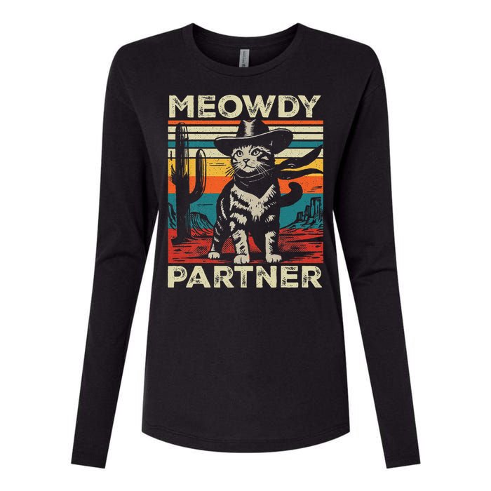 Meowdy Partner Cat Cow Hat Howdy Funny Country Western Womens Cotton Relaxed Long Sleeve T-Shirt