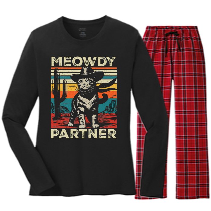 Meowdy Partner Cat Cow Hat Howdy Funny Country Western Women's Long Sleeve Flannel Pajama Set 