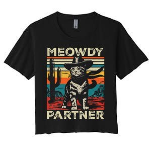 Meowdy Partner Cat Cow Hat Howdy Funny Country Western Women's Crop Top Tee