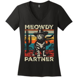 Meowdy Partner Cat Cow Hat Howdy Funny Country Western Women's V-Neck T-Shirt