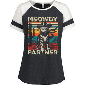 Meowdy Partner Cat Cow Hat Howdy Funny Country Western Enza Ladies Jersey Colorblock Tee