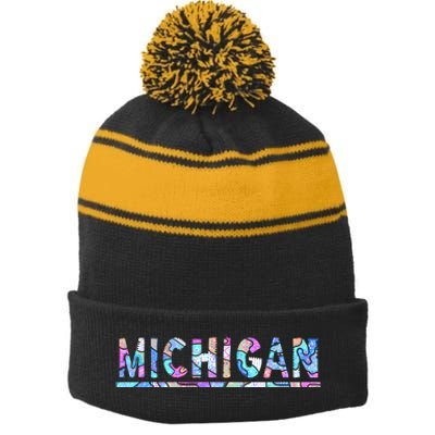 Michigan Patterned Curves Logo Stripe Pom Pom Beanie