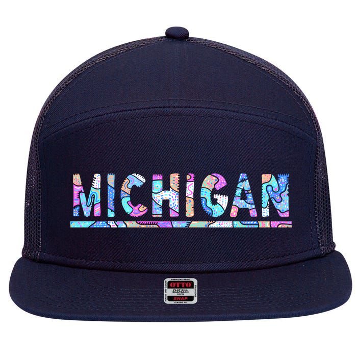 Michigan Patterned Curves Logo 7 Panel Mesh Trucker Snapback Hat