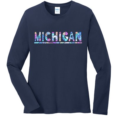 Michigan Patterned Curves Logo Ladies Long Sleeve Shirt