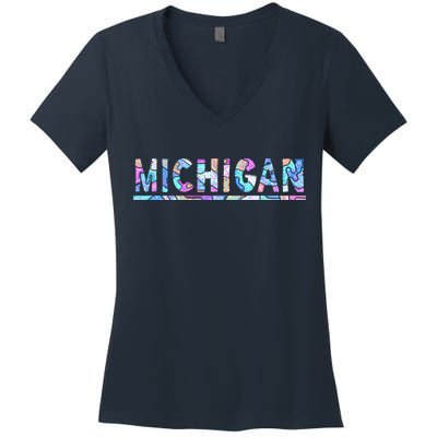 Michigan Patterned Curves Logo Women's V-Neck T-Shirt