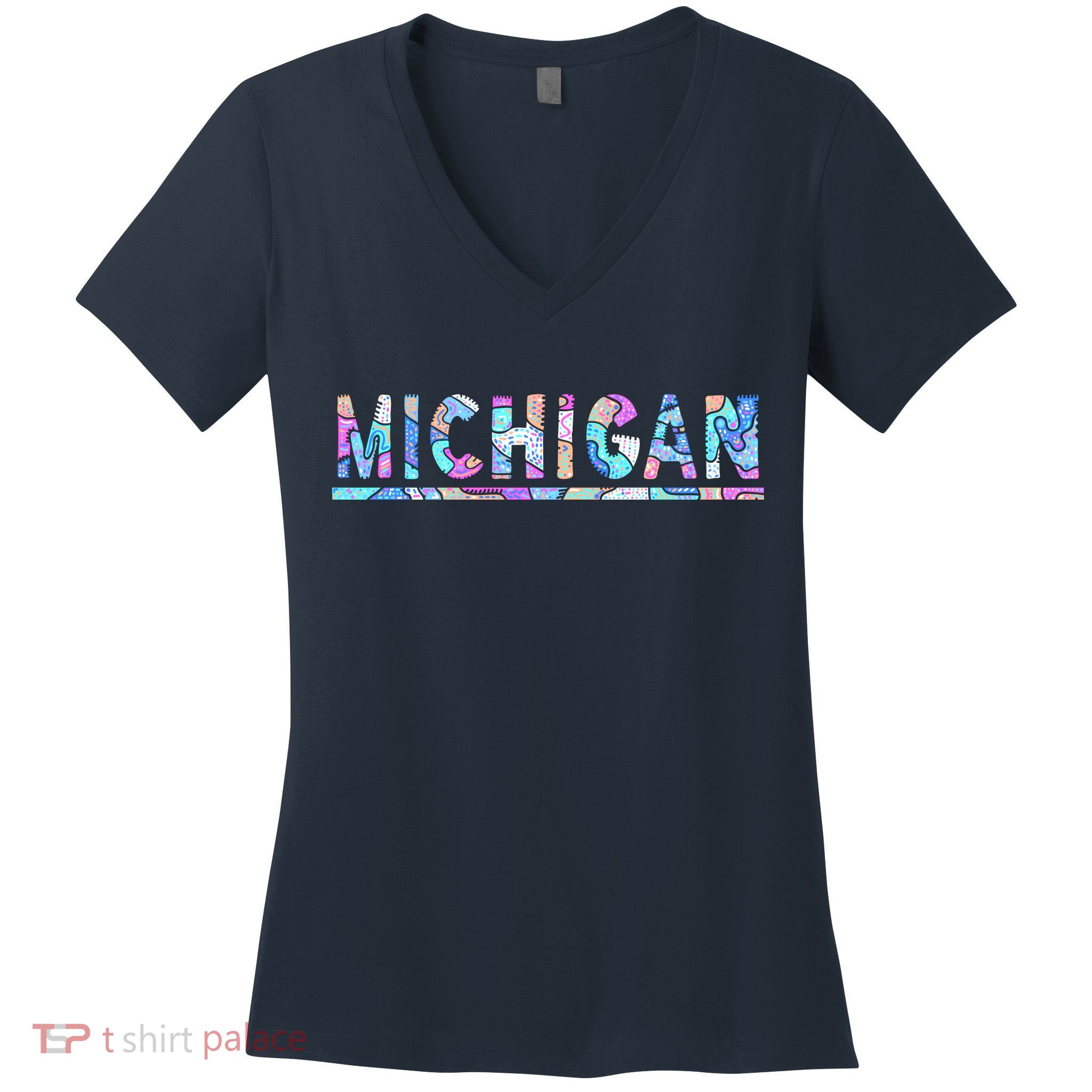 Michigan Patterned Curves Logo Women's V-Neck T-Shirt