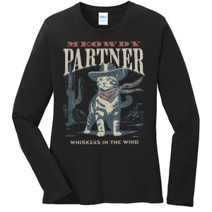 Meowdy Partner Cowboy Cat Country Western Ladies Long Sleeve Shirt