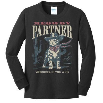 Meowdy Partner Cowboy Cat Country Western Kids Long Sleeve Shirt