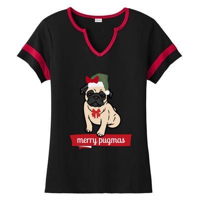 Merry Pugmas Christmas Funny Dog Santa Pug Santa Hat Ladies Halftime Notch Neck Tee