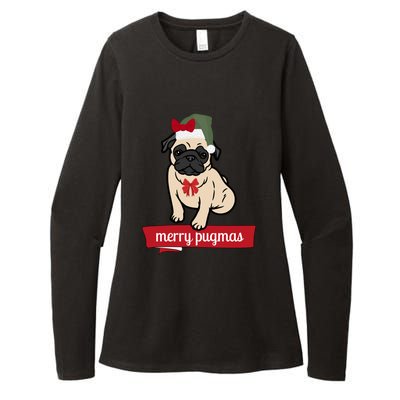 Merry Pugmas Christmas Funny Dog Santa Pug Santa Hat Womens CVC Long Sleeve Shirt