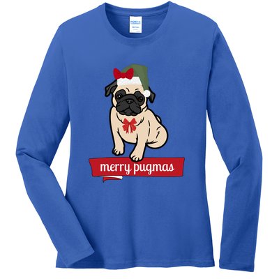 Merry Pugmas Christmas Funny Dog Santa Pug Santa Hat Ladies Long Sleeve Shirt