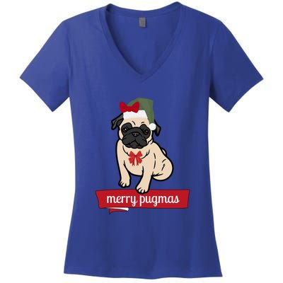 Merry Pugmas Christmas Funny Dog Santa Pug Santa Hat Women's V-Neck T-Shirt