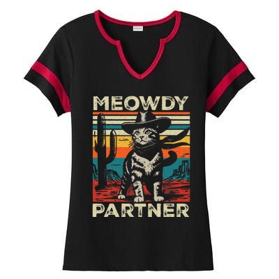 Meowdy Partner Cat Cowboy Hat Howdy Funny Country Western Ladies Halftime Notch Neck Tee