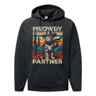 Meowdy Partner Cat Cowboy Hat Howdy Funny Country Western Performance Fleece Hoodie