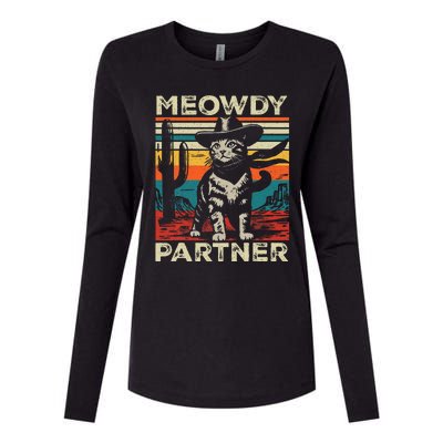 Meowdy Partner Cat Cowboy Hat Howdy Funny Country Western Womens Cotton Relaxed Long Sleeve T-Shirt