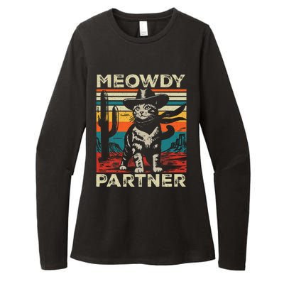 Meowdy Partner Cat Cowboy Hat Howdy Funny Country Western Womens CVC Long Sleeve Shirt