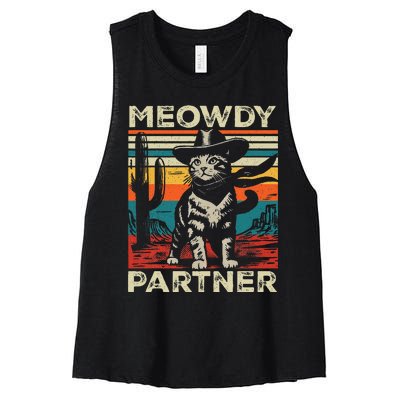 Meowdy Partner Cat Cowboy Hat Howdy Funny Country Western Women's Racerback Cropped Tank