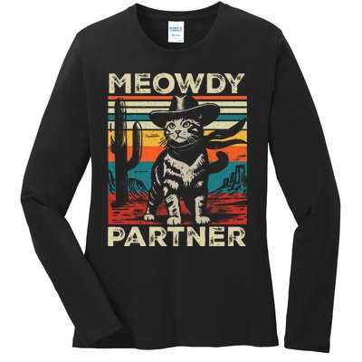 Meowdy Partner Cat Cowboy Hat Howdy Funny Country Western Ladies Long Sleeve Shirt