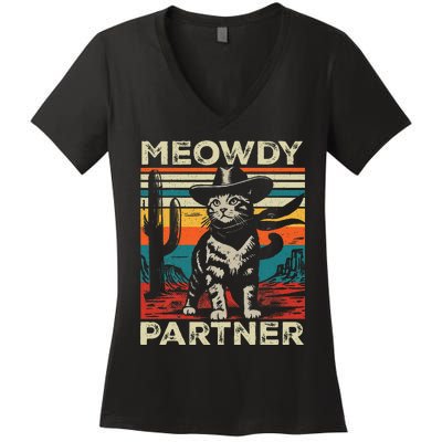 Meowdy Partner Cat Cowboy Hat Howdy Funny Country Western Women's V-Neck T-Shirt