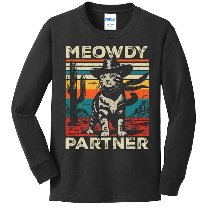 Meowdy Partner Cat Cowboy Hat Howdy Funny Country Western Kids Long Sleeve Shirt