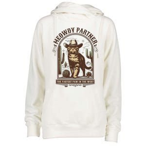 Meowdy Partner Cowboy Cat Country Western Funny Cat Womens Funnel Neck Pullover Hood