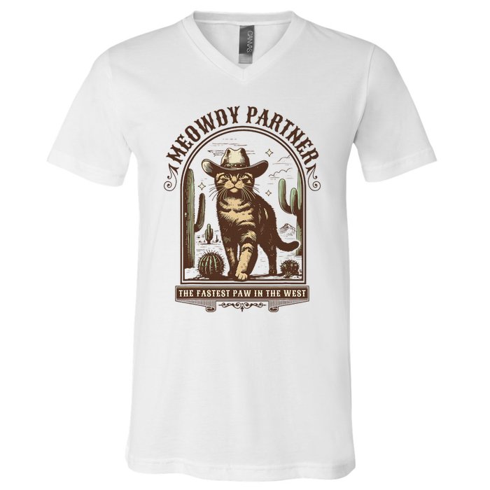 Meowdy Partner Cowboy Cat Country Western Funny Cat V-Neck T-Shirt