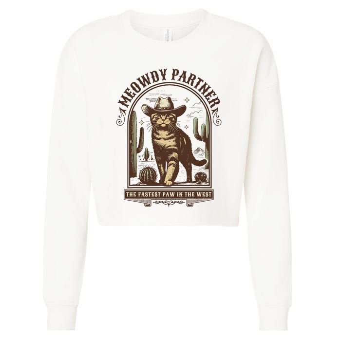 Meowdy Partner Cowboy Cat Country Western Funny Cat Cropped Pullover Crew