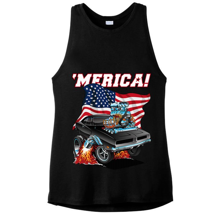 Merica Patriotic Classic Hotrod Muscle Car Usa Flag Cartoon Ladies PosiCharge Tri-Blend Wicking Tank
