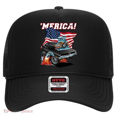 Merica Patriotic Classic Hotrod Muscle Car Usa Flag Cartoon High Crown Mesh Back Trucker Hat