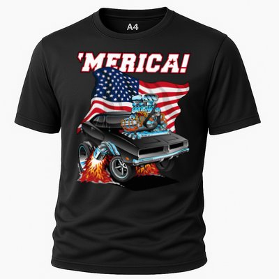 Merica Patriotic Classic Hotrod Muscle Car Usa Flag Cartoon Cooling Performance Crew T-Shirt