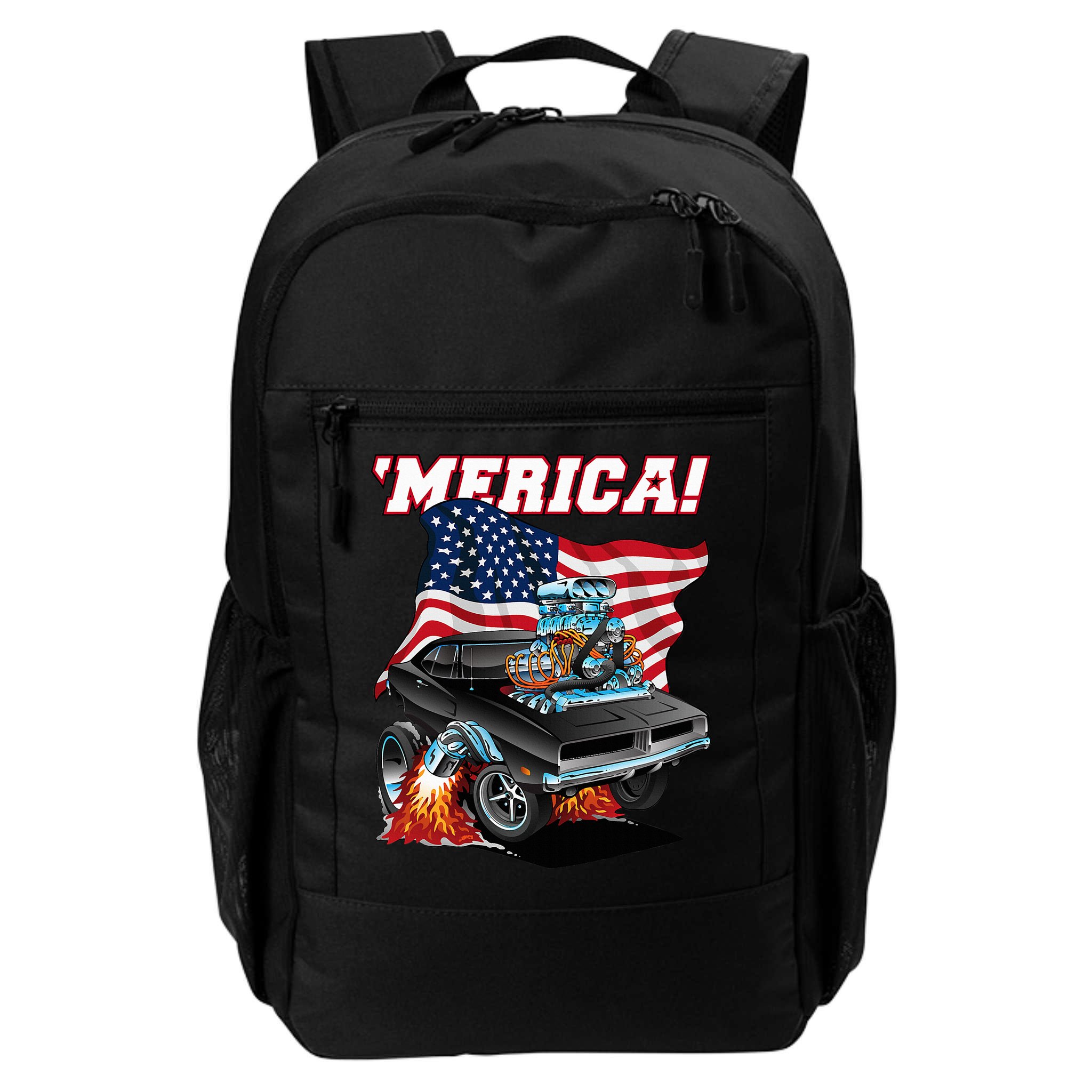 Merica Patriotic Classic Hotrod Muscle Car Usa Flag Cartoon Backpack
