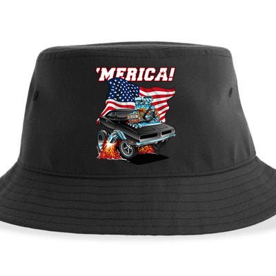 Merica Patriotic Classic Hotrod Muscle Car Usa Flag Cartoon Sustainable Bucket Hat