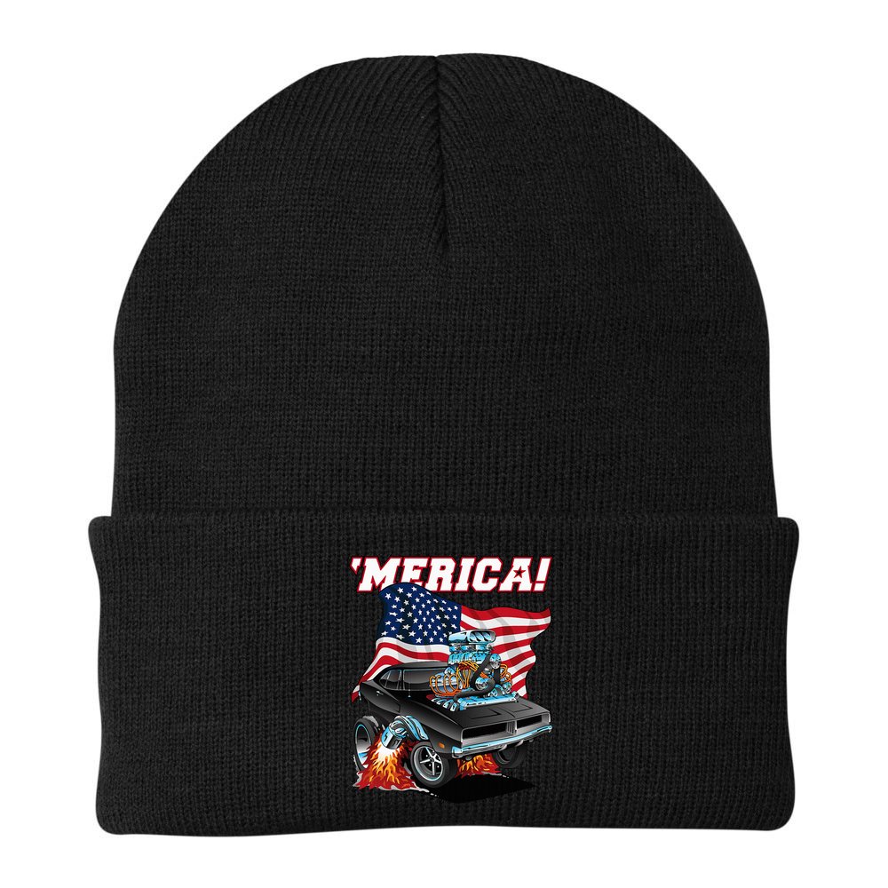 Merica Patriotic Classic Hotrod Muscle Car Usa Flag Cartoon Beanie